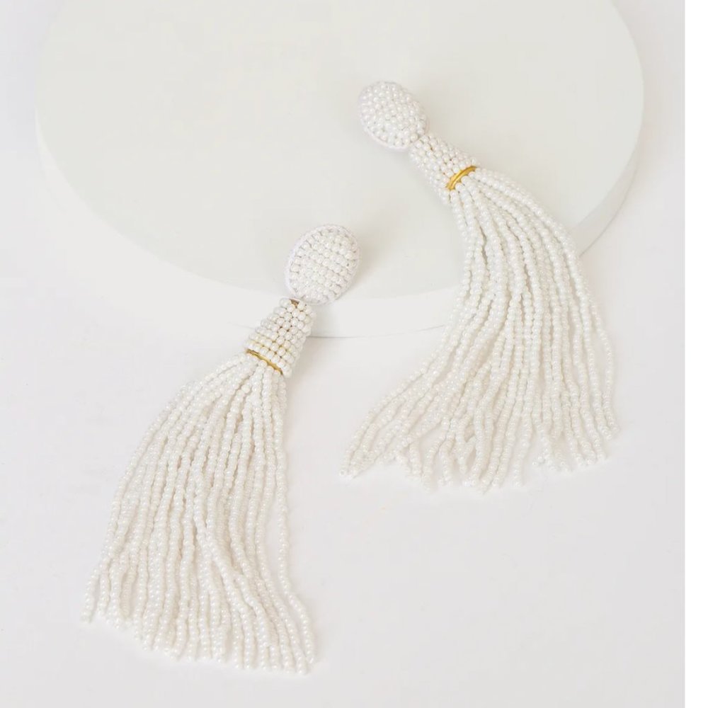 White Beaded Tassel Earrings